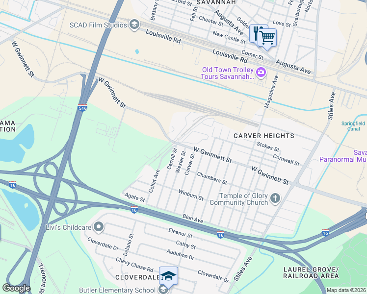 map of restaurants, bars, coffee shops, grocery stores, and more near 801 Wexler Street in Savannah