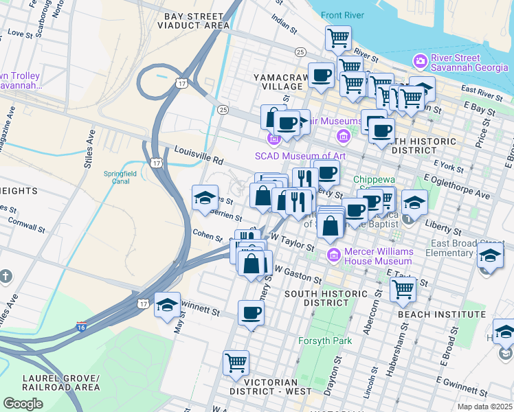 map of restaurants, bars, coffee shops, grocery stores, and more near 514 West Jones Street in Savannah
