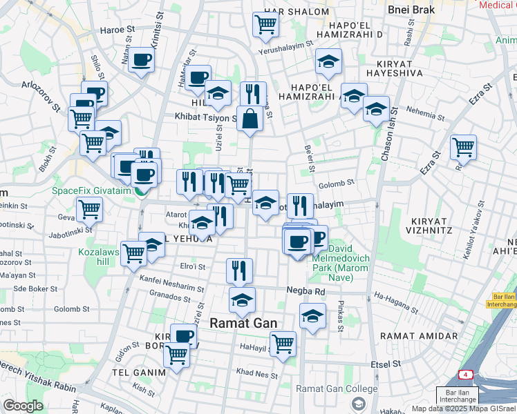 map of restaurants, bars, coffee shops, grocery stores, and more near Sderot Yerushalayim in Ramat Gan