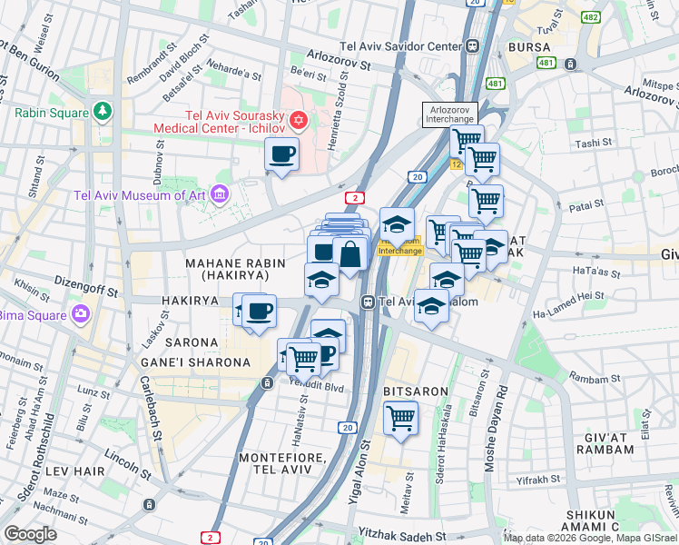 map of restaurants, bars, coffee shops, grocery stores, and more near Derech Menachem Begin in Tel Aviv-Yafo