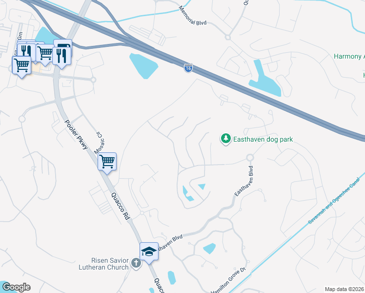 map of restaurants, bars, coffee shops, grocery stores, and more near 14 Olde Gate Court in Pooler