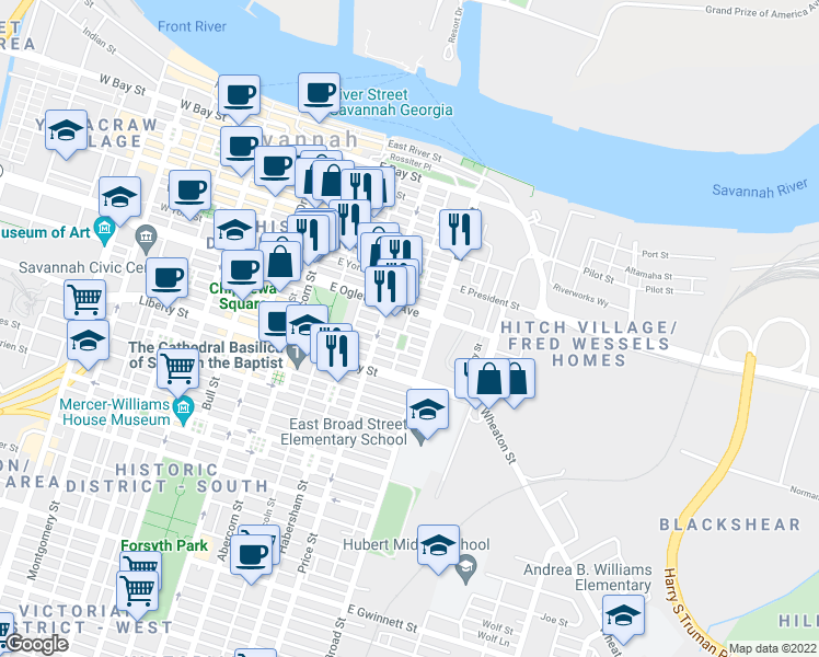 map of restaurants, bars, coffee shops, grocery stores, and more near 225 Houston Street in Savannah