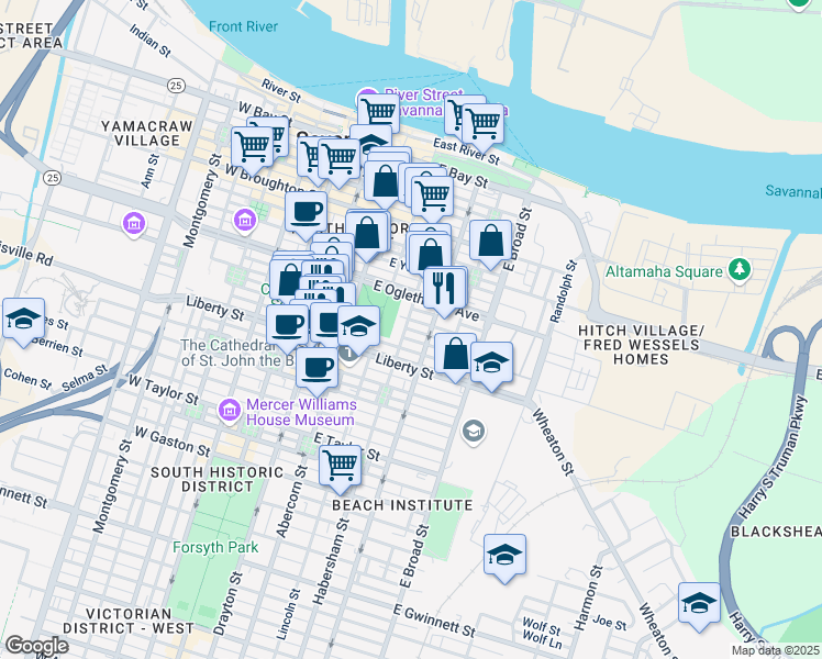 map of restaurants, bars, coffee shops, grocery stores, and more near 407 East McDonough Street in Savannah