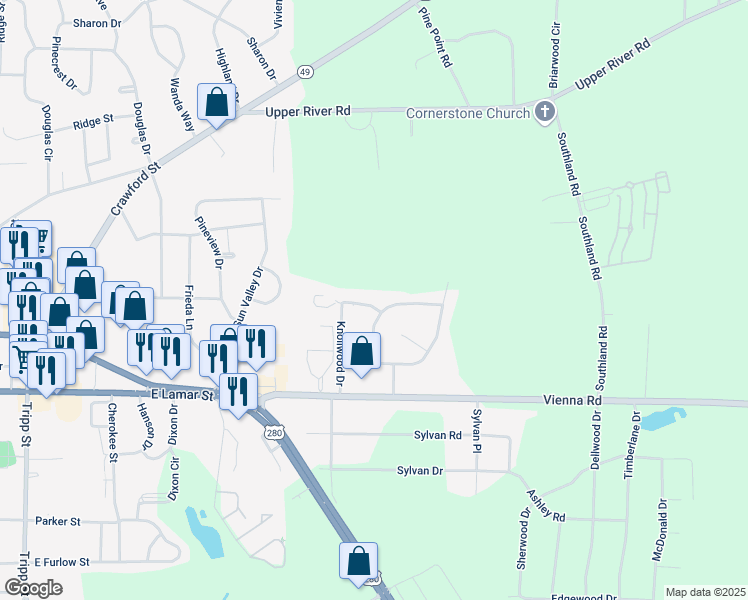 map of restaurants, bars, coffee shops, grocery stores, and more near 206 Knollwood Drive in Americus