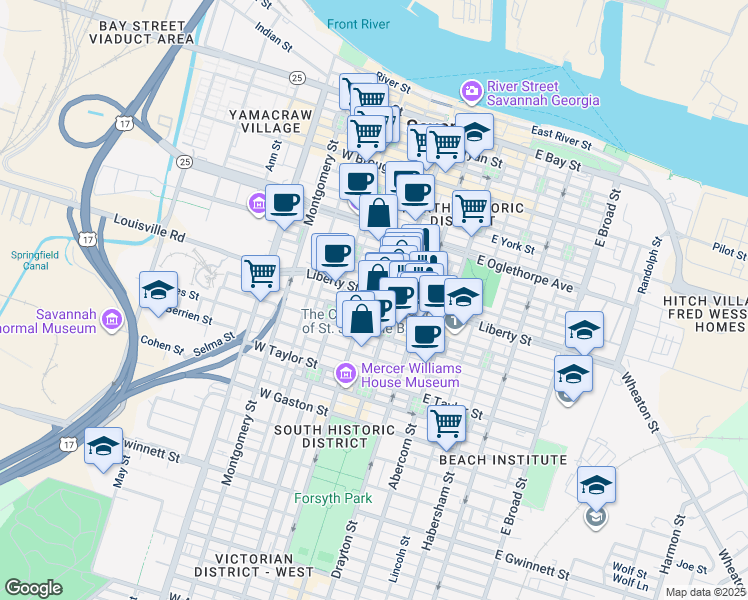 map of restaurants, bars, coffee shops, grocery stores, and more near 31 West Liberty Street in Savannah