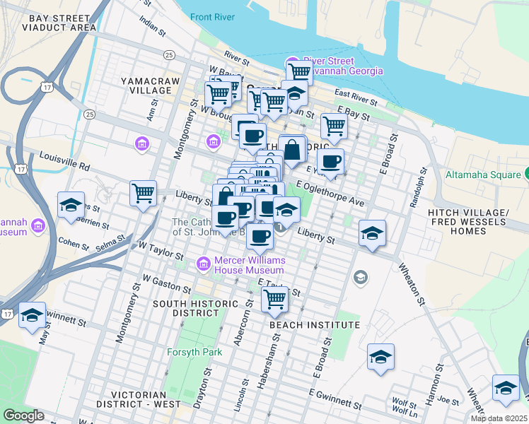 map of restaurants, bars, coffee shops, grocery stores, and more near 122 East Liberty in Savannah