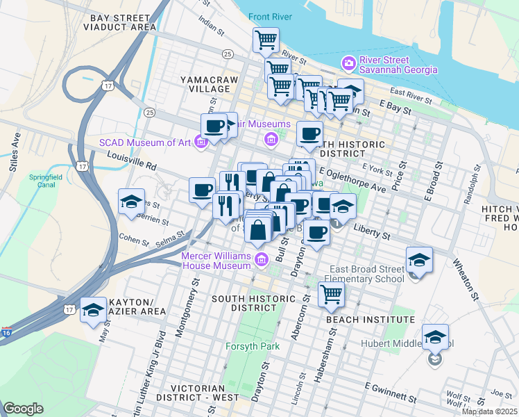 map of restaurants, bars, coffee shops, grocery stores, and more near 126 West Harris Street in Savannah