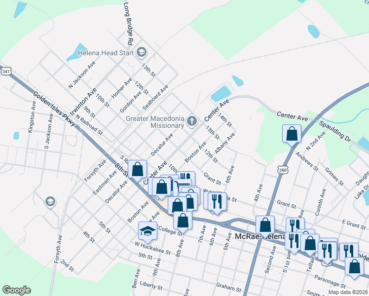 map of restaurants, bars, coffee shops, grocery stores, and more near 47 11th Street in McRae-Helena