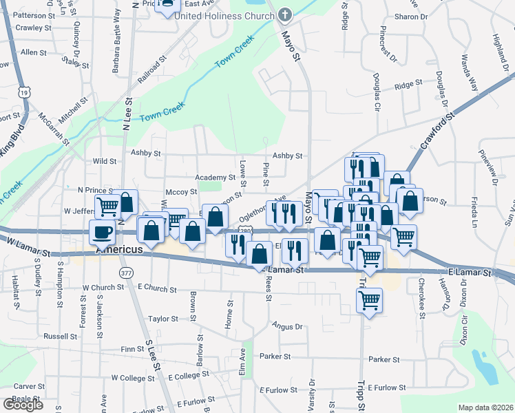 map of restaurants, bars, coffee shops, grocery stores, and more near 714 Oglethorpe Avenue in Americus