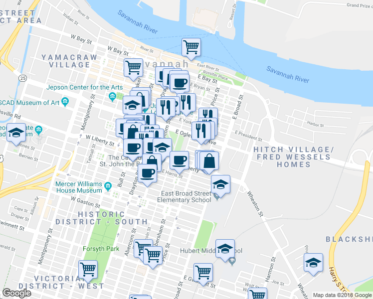 map of restaurants, bars, coffee shops, grocery stores, and more near 401 East McDonough Street in Savannah