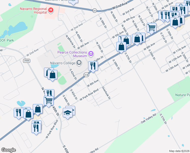 map of restaurants, bars, coffee shops, grocery stores, and more near 3224 West 8th Avenue in Corsicana