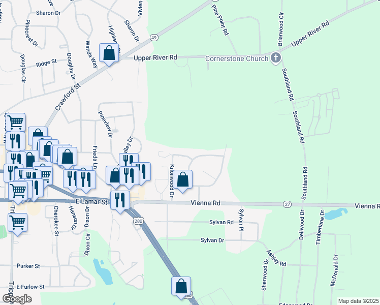 map of restaurants, bars, coffee shops, grocery stores, and more near 206 Knollwood Drive in Americus
