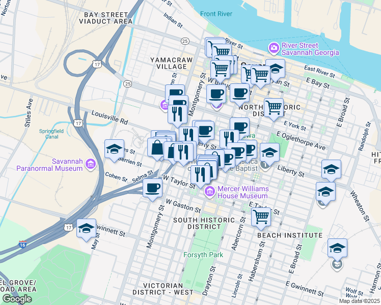 map of restaurants, bars, coffee shops, grocery stores, and more near West Harris Street in Savannah