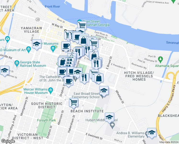 map of restaurants, bars, coffee shops, grocery stores, and more near 407 East McDonough Street in Savannah