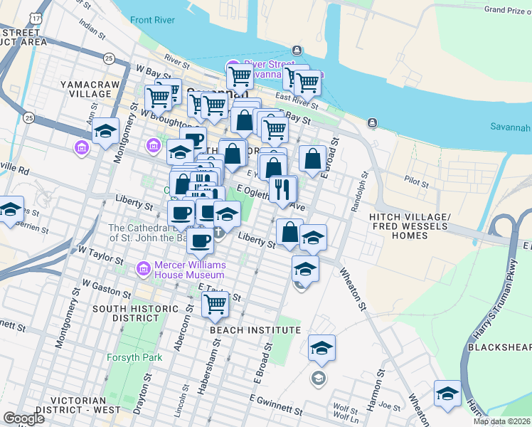 map of restaurants, bars, coffee shops, grocery stores, and more near 407 East McDonough Street in Savannah
