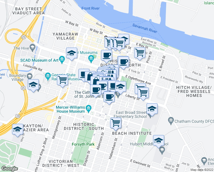 map of restaurants, bars, coffee shops, grocery stores, and more near 8 East Liberty in Savannah