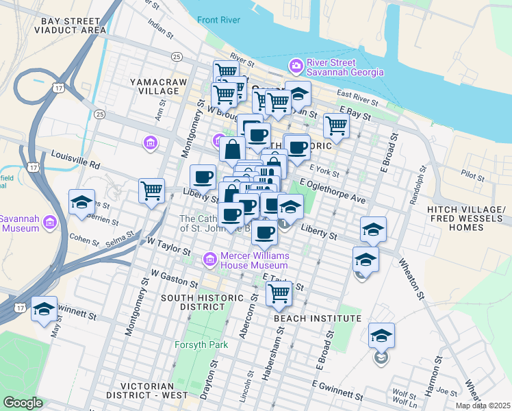 map of restaurants, bars, coffee shops, grocery stores, and more near 8 East Liberty in Savannah