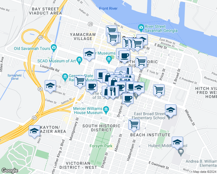 map of restaurants, bars, coffee shops, grocery stores, and more near 31 West Liberty Street in Savannah