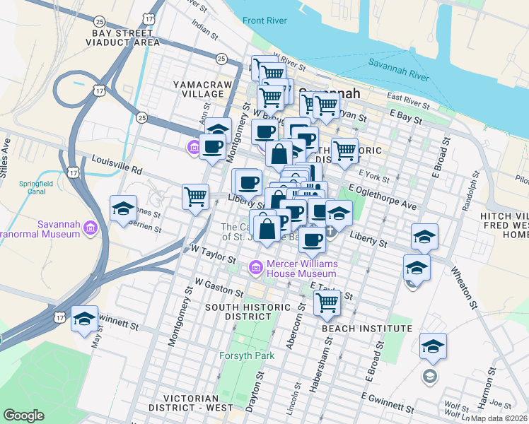 map of restaurants, bars, coffee shops, grocery stores, and more near 31 West Liberty Street in Savannah