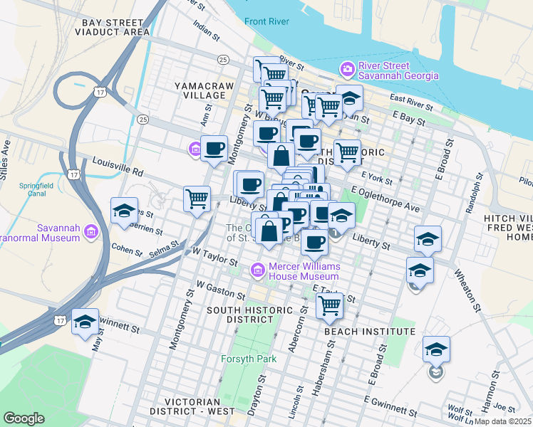 map of restaurants, bars, coffee shops, grocery stores, and more near 31 West Liberty Street in Savannah