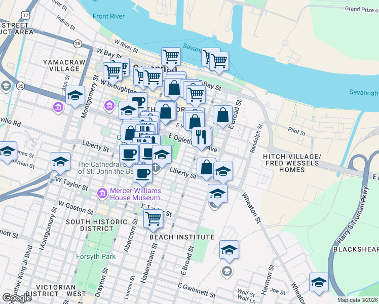 map of restaurants, bars, coffee shops, grocery stores, and more near in Savannah
