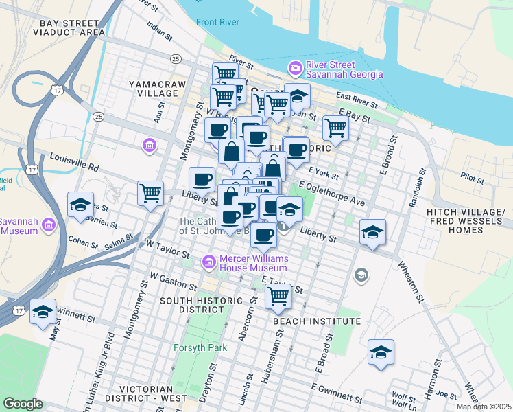 map of restaurants, bars, coffee shops, grocery stores, and more near 8 East Liberty in Savannah