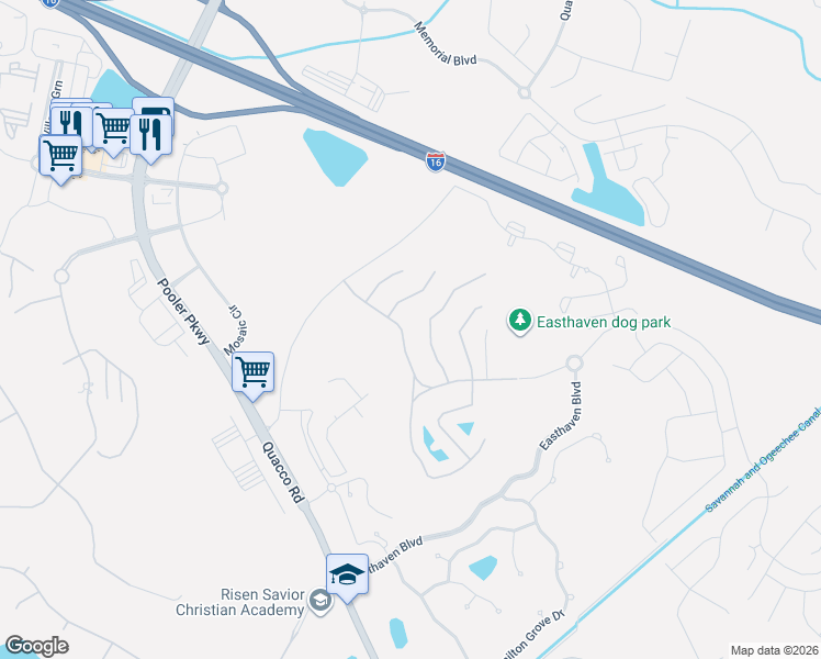 map of restaurants, bars, coffee shops, grocery stores, and more near 52 Gateway Drive in Pooler