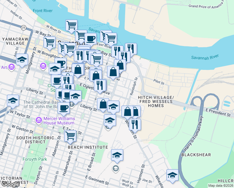 map of restaurants, bars, coffee shops, grocery stores, and more near 200 East Broad Street in Savannah