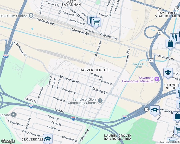 map of restaurants, bars, coffee shops, grocery stores, and more near 1027 Stokes Street in Savannah