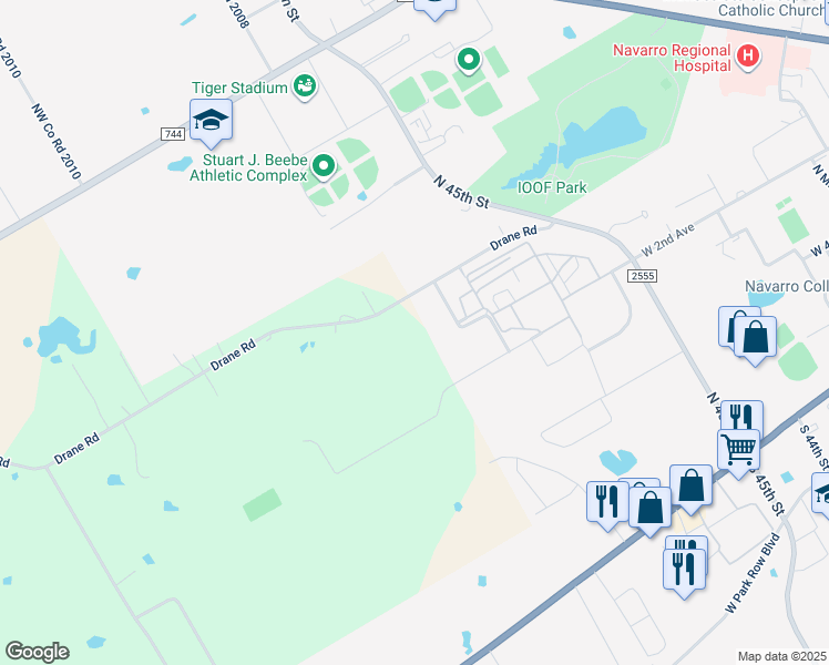 map of restaurants, bars, coffee shops, grocery stores, and more near 3007 Northwest County Road 2004 in Corsicana