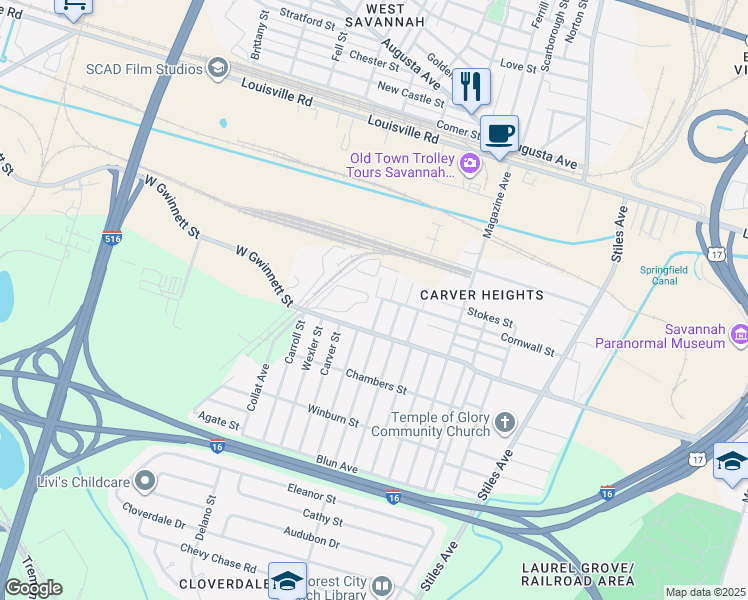 map of restaurants, bars, coffee shops, grocery stores, and more near 1111 Cornwall Street in Savannah