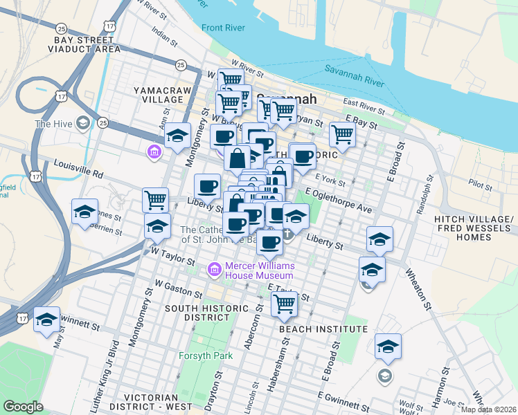 map of restaurants, bars, coffee shops, grocery stores, and more near 8 East Liberty in Savannah