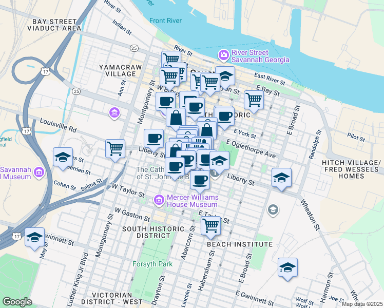 map of restaurants, bars, coffee shops, grocery stores, and more near 8 East Liberty in Savannah