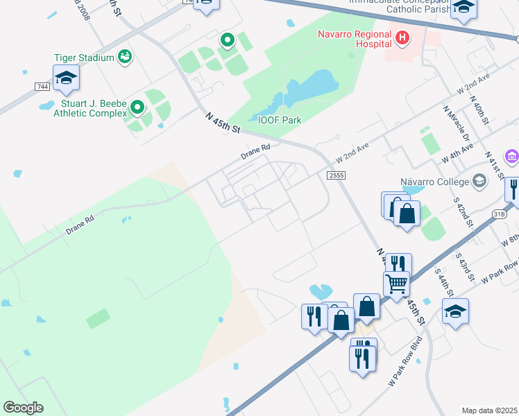 map of restaurants, bars, coffee shops, grocery stores, and more near Corsicana State Home in Corsicana