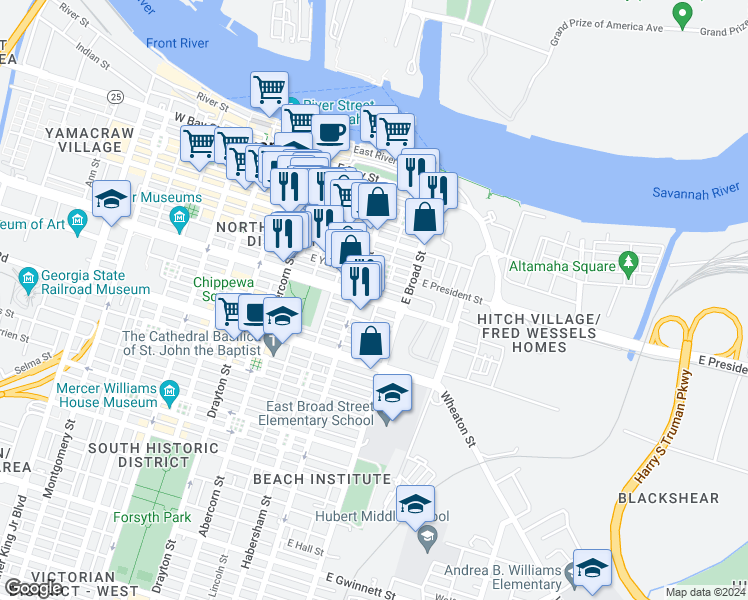 map of restaurants, bars, coffee shops, grocery stores, and more near 502 East York Lane in Savannah