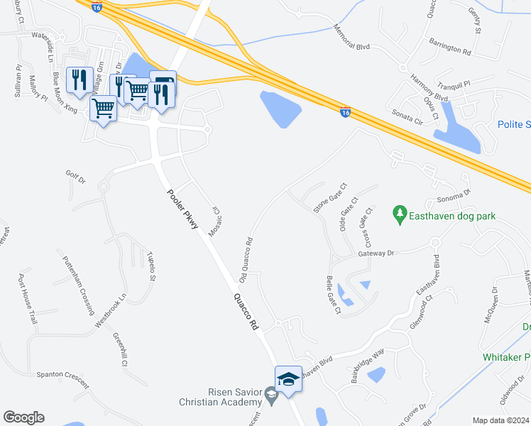 map of restaurants, bars, coffee shops, grocery stores, and more near Quacco Road in Pooler