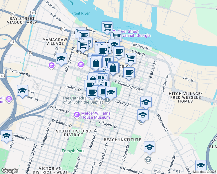 map of restaurants, bars, coffee shops, grocery stores, and more near 37 East Oglethorpe Lane in Savannah