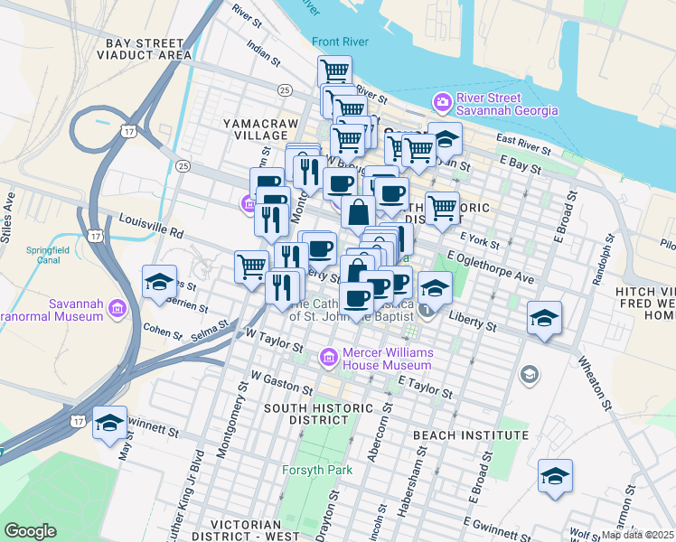 map of restaurants, bars, coffee shops, grocery stores, and more near 339 Barnard Street in Savannah
