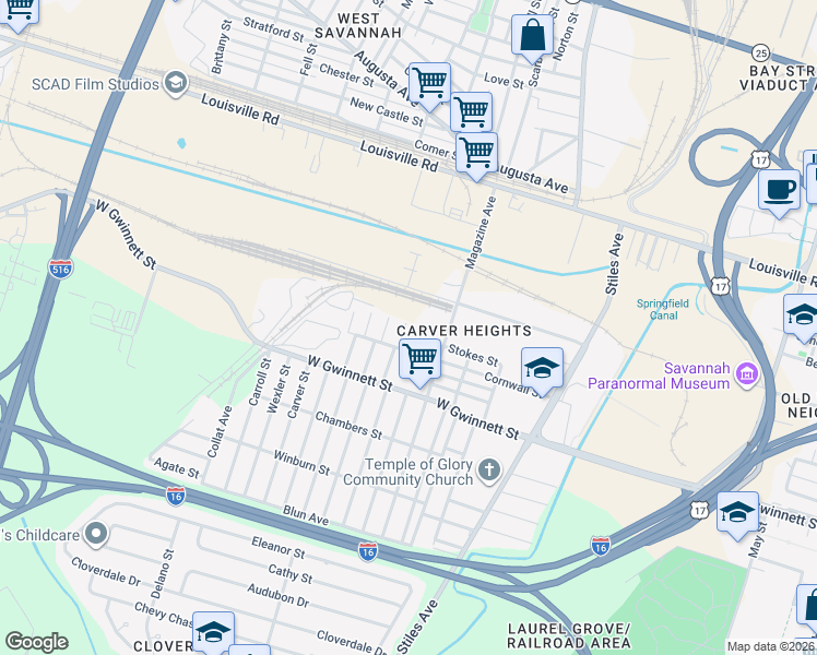 map of restaurants, bars, coffee shops, grocery stores, and more near 708 Fruit Street in Savannah