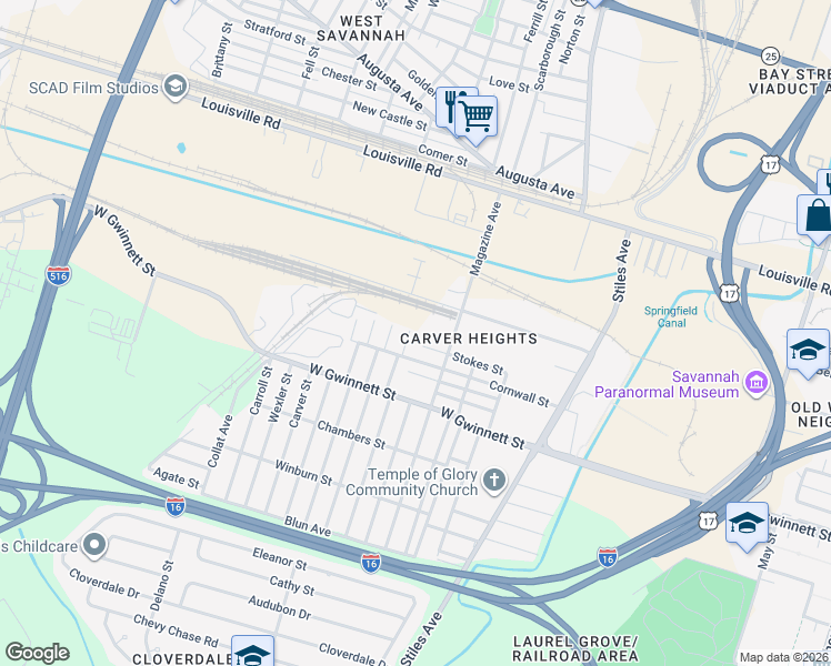 map of restaurants, bars, coffee shops, grocery stores, and more near 708 Fruit Street in Savannah