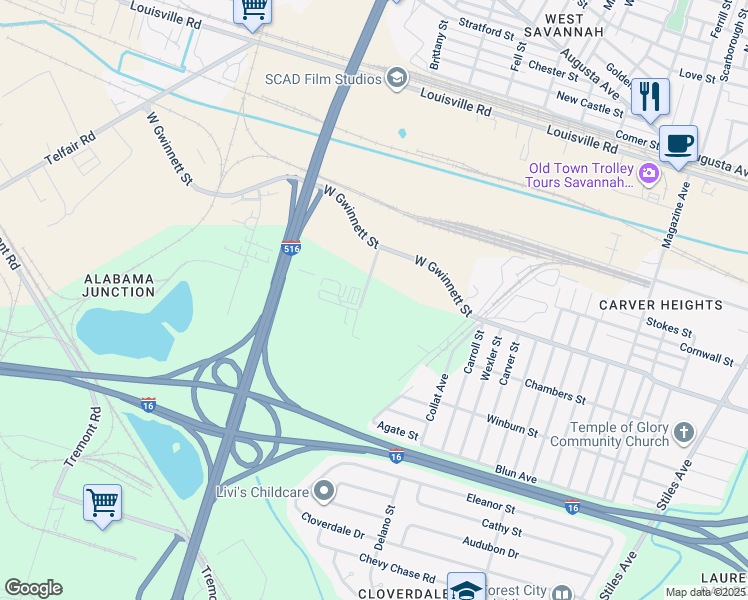 map of restaurants, bars, coffee shops, grocery stores, and more near 950 Interchange Court in Savannah