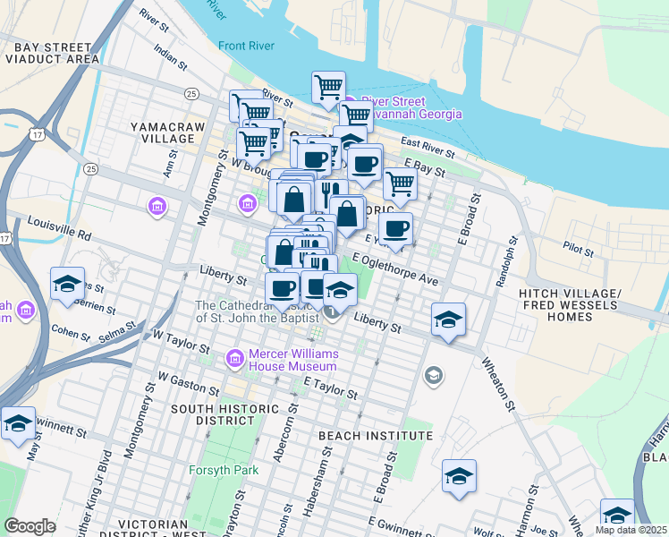 map of restaurants, bars, coffee shops, grocery stores, and more near 37 East Oglethorpe Lane in Savannah