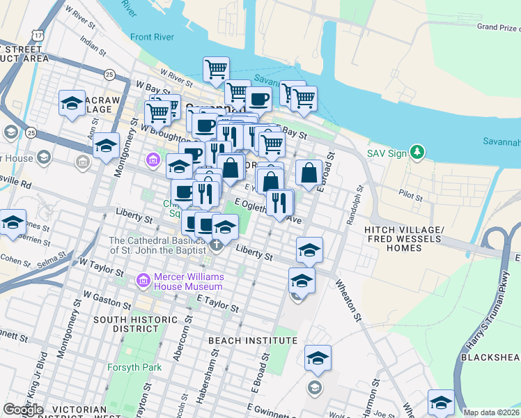 map of restaurants, bars, coffee shops, grocery stores, and more near 401 East Oglethorpe Avenue in Savannah