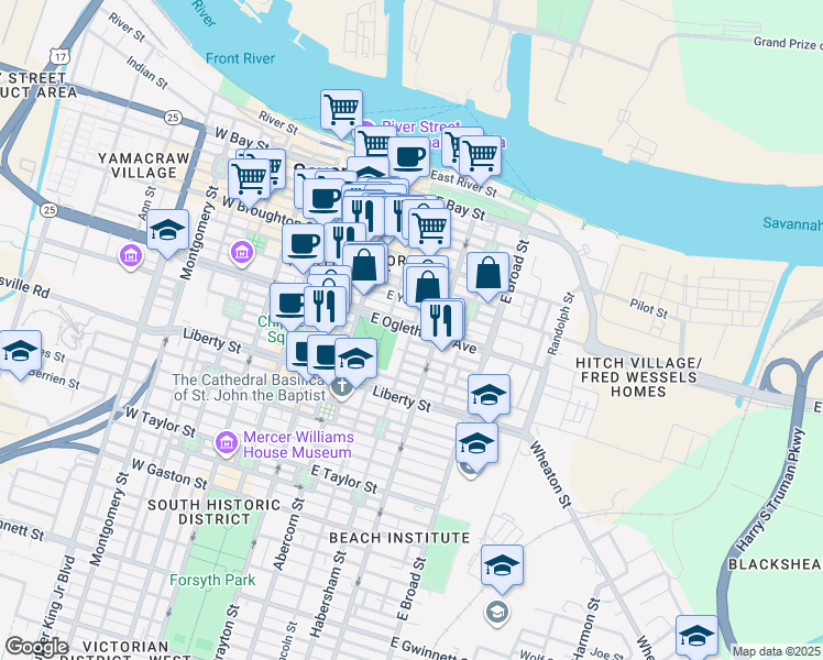map of restaurants, bars, coffee shops, grocery stores, and more near in Savannah