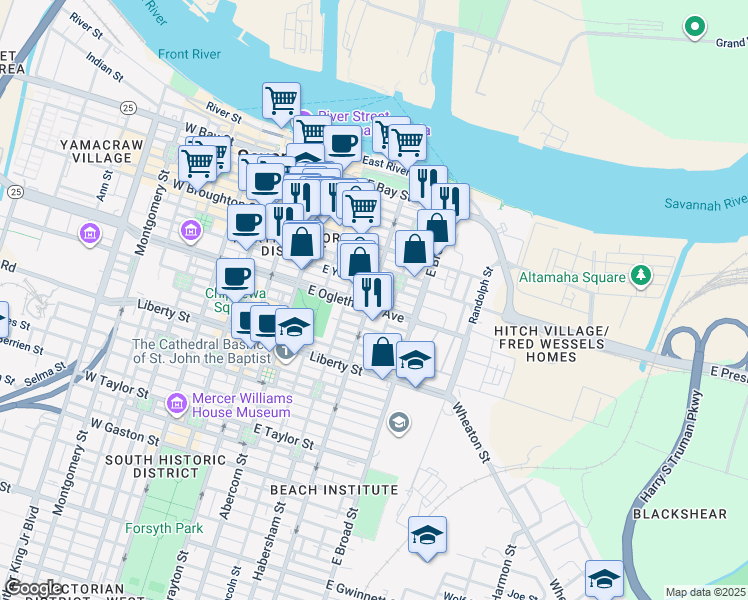 map of restaurants, bars, coffee shops, grocery stores, and more near 502 East York Lane in Savannah