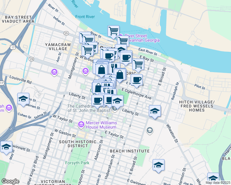 map of restaurants, bars, coffee shops, grocery stores, and more near 37 East Oglethorpe Lane in Savannah