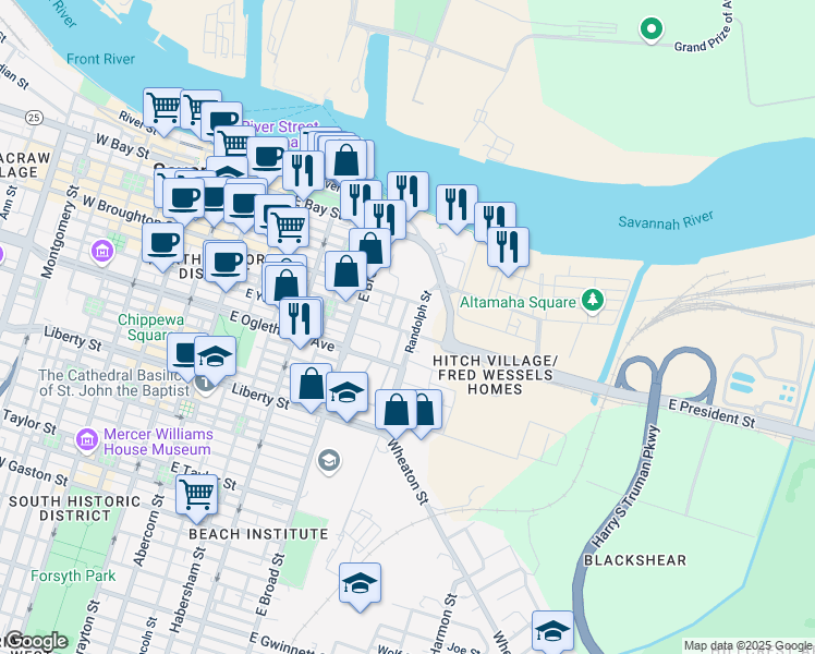 map of restaurants, bars, coffee shops, grocery stores, and more near 116 Randolph Street in Savannah