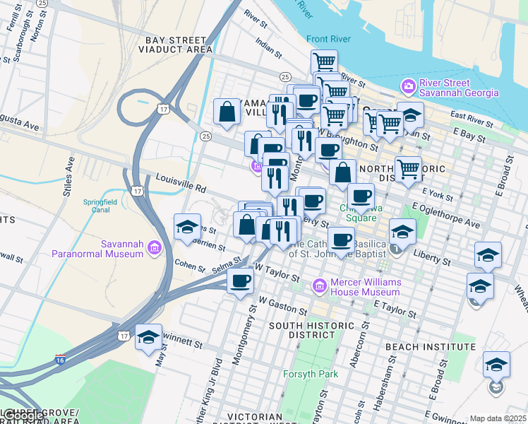 map of restaurants, bars, coffee shops, grocery stores, and more near 1110 May Street in Savannah