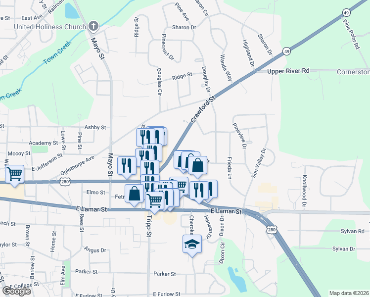 map of restaurants, bars, coffee shops, grocery stores, and more near 1309 Crawford Street in Americus