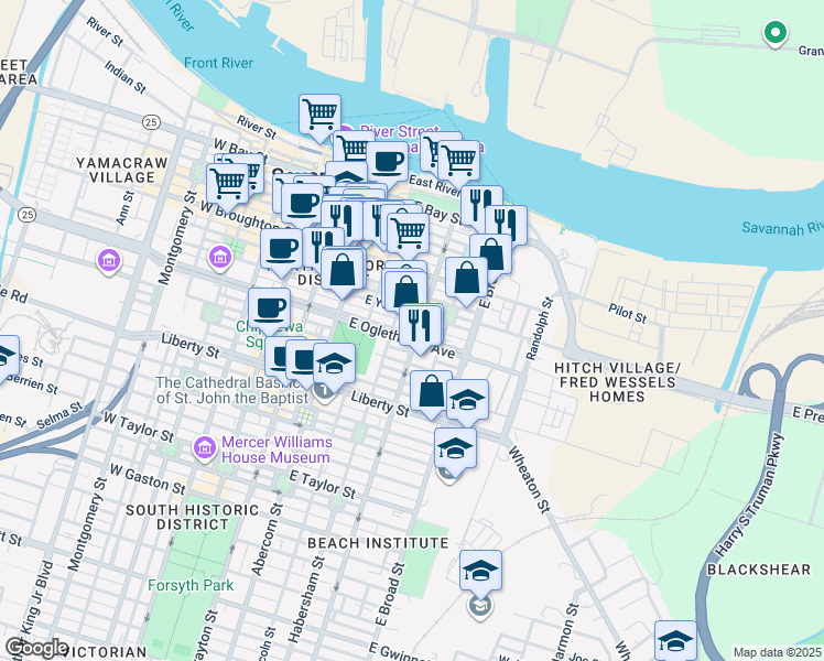 map of restaurants, bars, coffee shops, grocery stores, and more near 502 East York Lane in Savannah